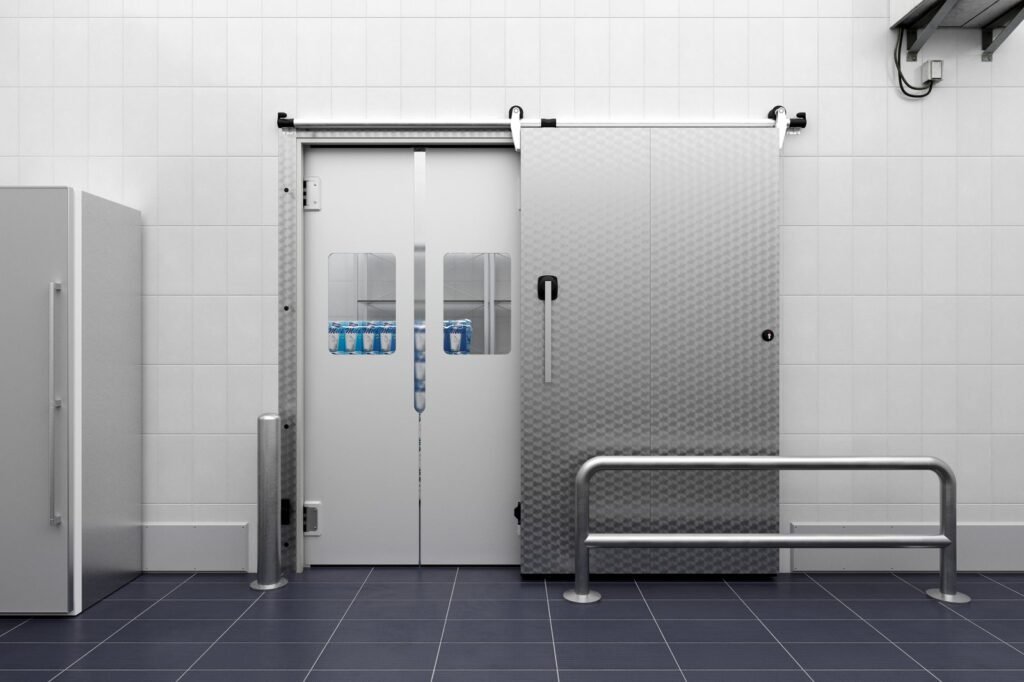 Gefrierraum-Schiebetür HIS 120 in Kombination mit Faltschnelllauftor F 4010 Cold. Oberfläche Edelstahl kreismattiert.